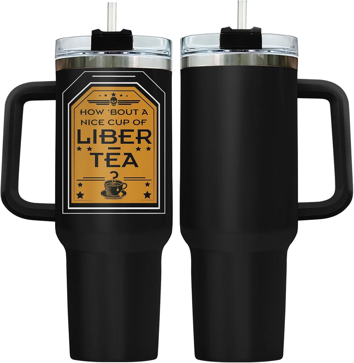 Liber Tea Tumbler 40oz with Handle and Straw, Patriotic Tea Vacuum Insulated Travel Gaming Cup, Gamer Gifts for Father''s Day
