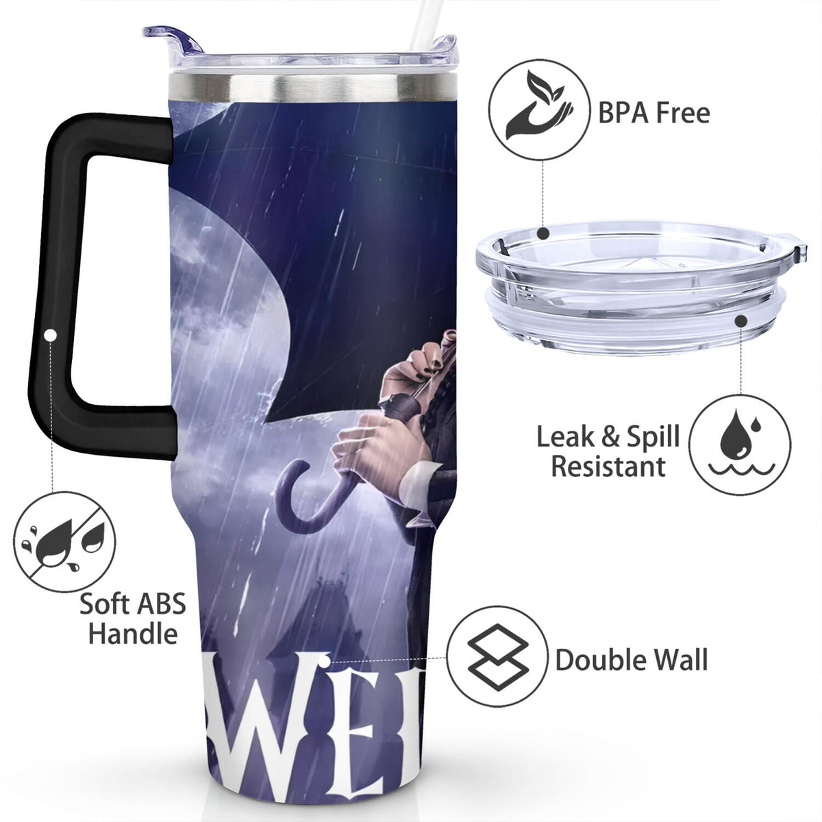 40oz Wednesday Girl Stainless Steel Tumbler with Lid and Straw,Wednesday Stuff Merchandise Spill Proof Travel Cup Double Wall