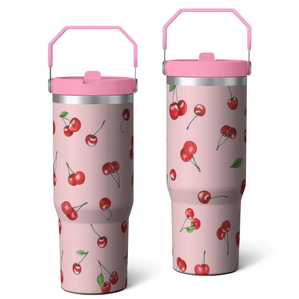 1pc cherry 30oz Tumbler with Straw & Handle - Insulated Stainless Steel Cup | Holiday Gift for Man Women (Christmas, Valentin