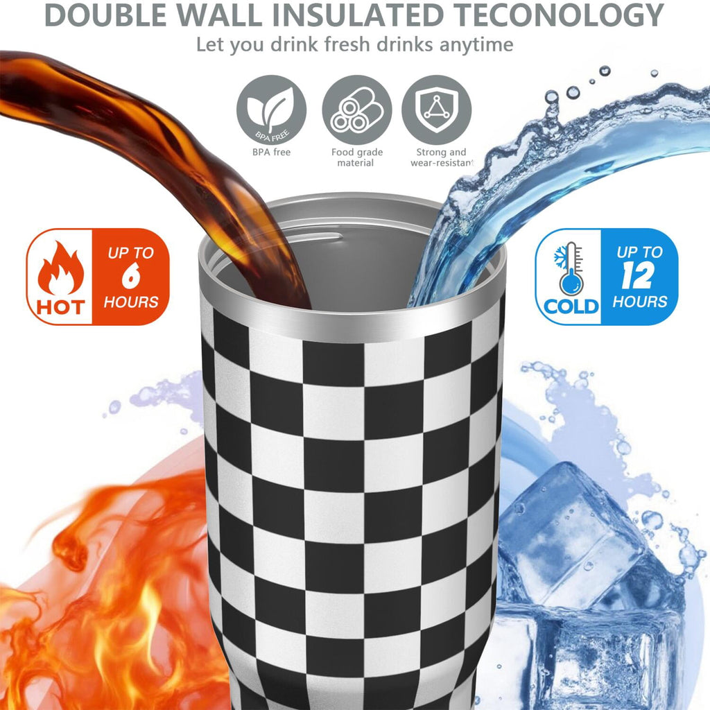 1pc Black and white grid 30oz Tumbler with Straw & Handle - Insulated Stainless Steel Cup | Holiday Gift for Man Women (Chris