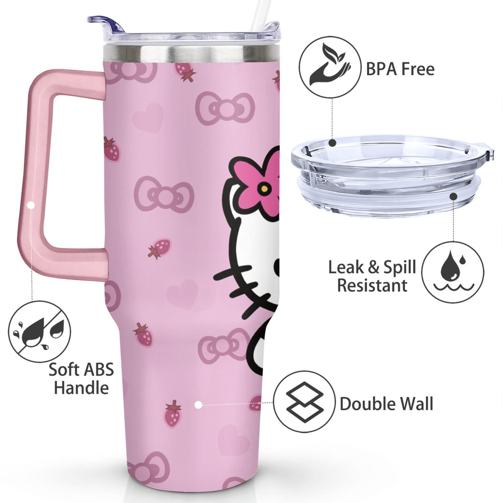 40oz Hello Kawaii Cat Cute Stainless Steel Tumbler with Lid and Straw,Spill Proof Travel Cup Double Wall Vacuum Insulated Cof