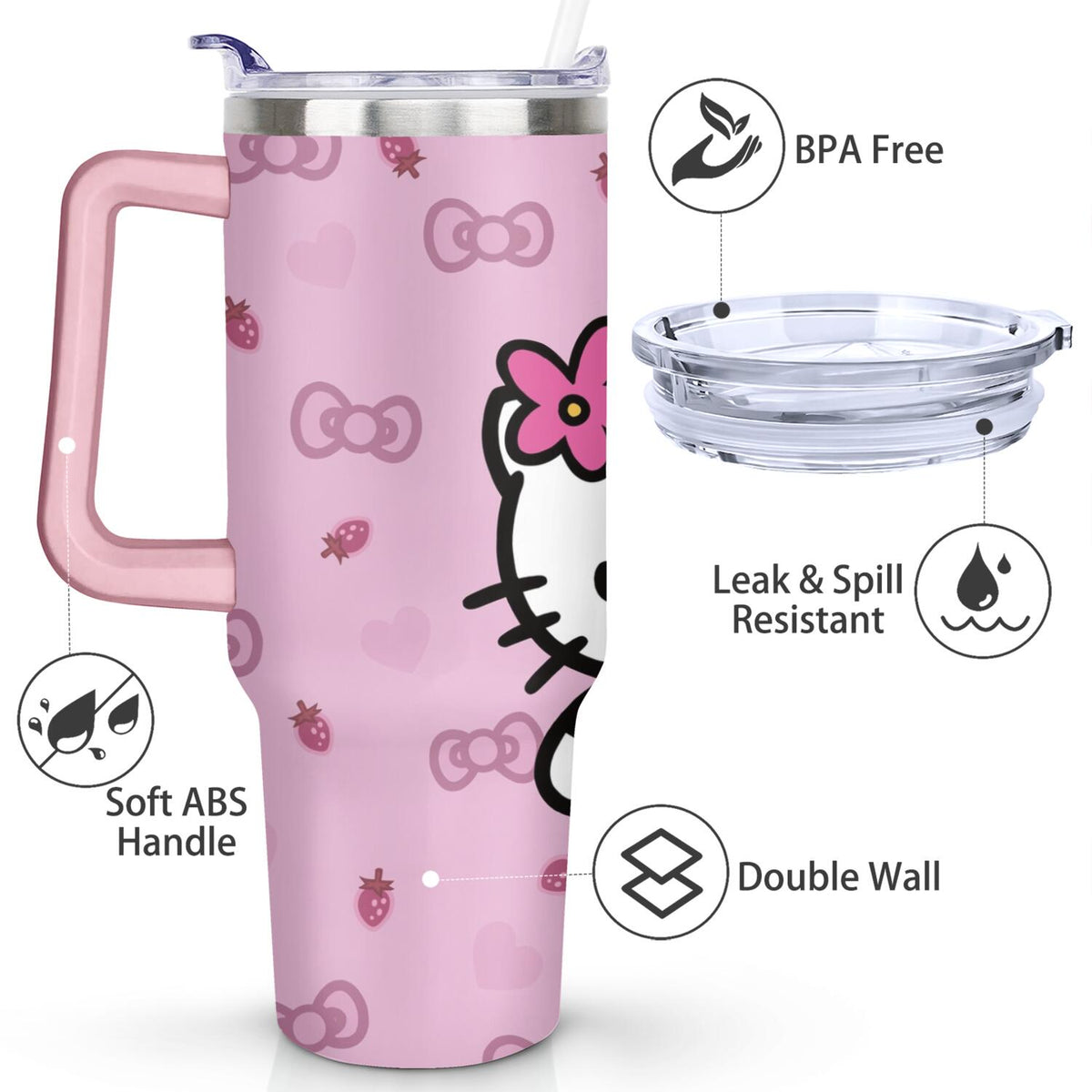 40oz Hello Kawaii Cat Cute Stainless Steel Tumbler with Lid and Straw,Spill Proof Travel Cup Double Wall Vacuum Insulated Cof