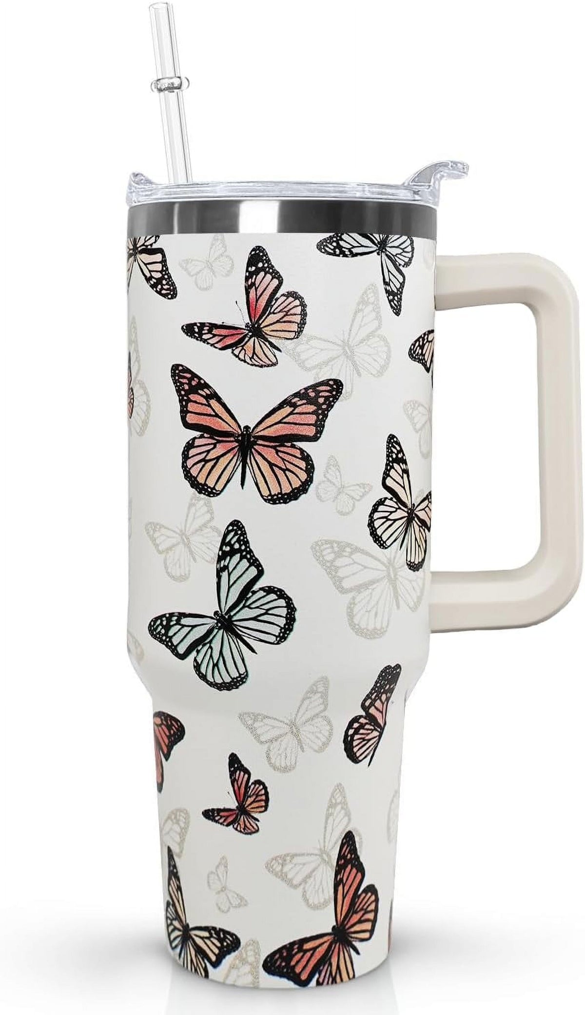 Butterfly Tumbler With Handle, Lid and Straw - 40 Oz Water Bottle, Travel Coffee Cup Mug - Gifts for Women, Mom, Daughter, Gi