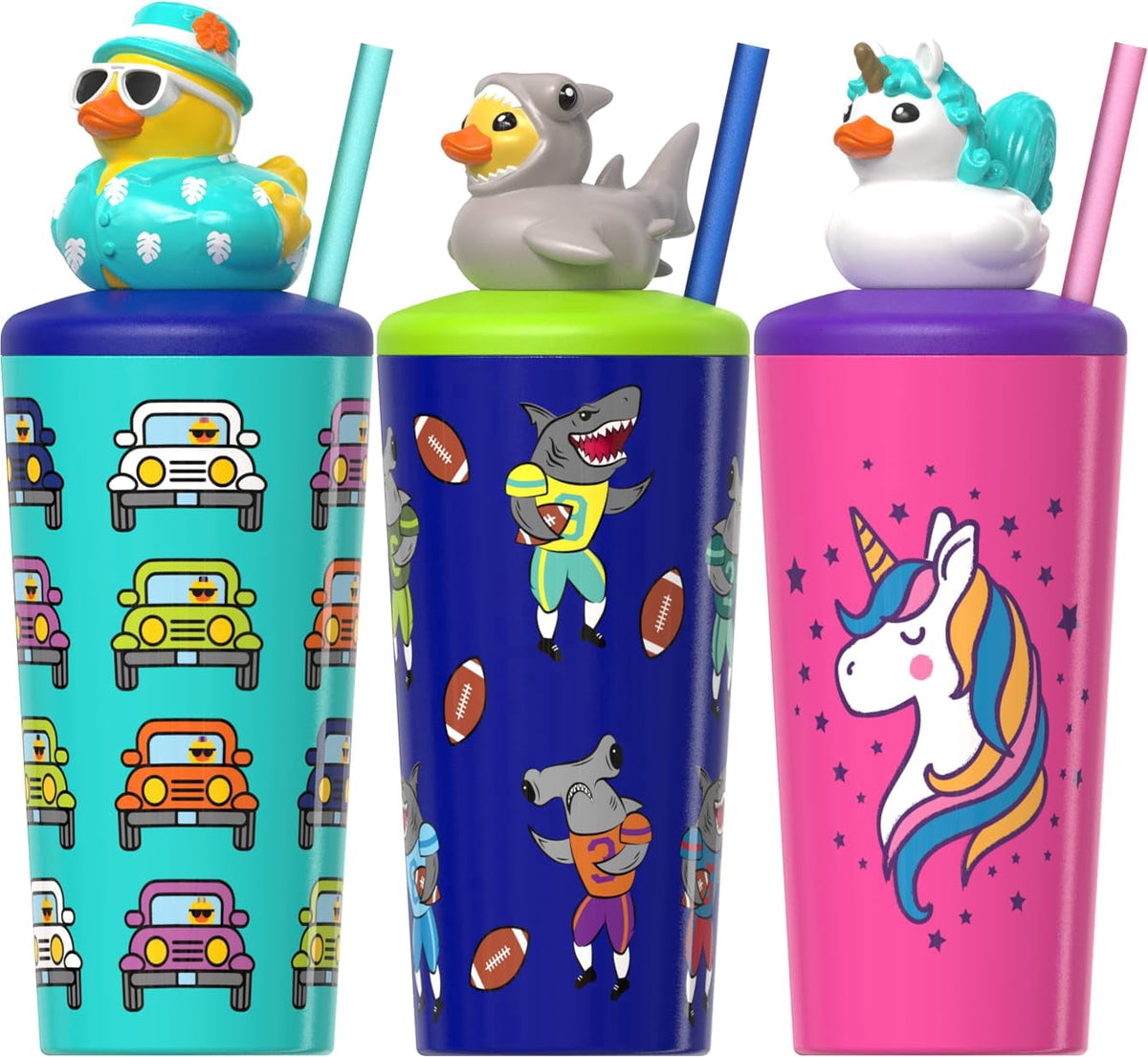 COOL GEAR Pop Topper Kids Tumbler with Straw, Mix-and-Match Character Topper, BPA Free Reusable Cup - SHARK/ATV/UNICORN (3-Pa