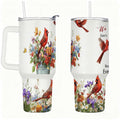 Cardinal Bird Floral Insulated Tumbler with Lid and Straw, Stainless Steel Travel Mug with Handle, Wildflower Spring Art Desi