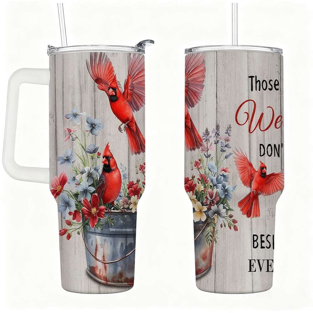 Cardinal Insulated Tumbler with Lid and Straw, Stainless Steel Travel Mug with Handle, Floral Rustic Cardinal Cup, Double Wal