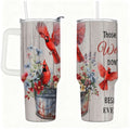 Cardinal Insulated Tumbler with Lid and Straw, Stainless Steel Travel Mug with Handle, Floral Rustic Cardinal Cup, Double Wal