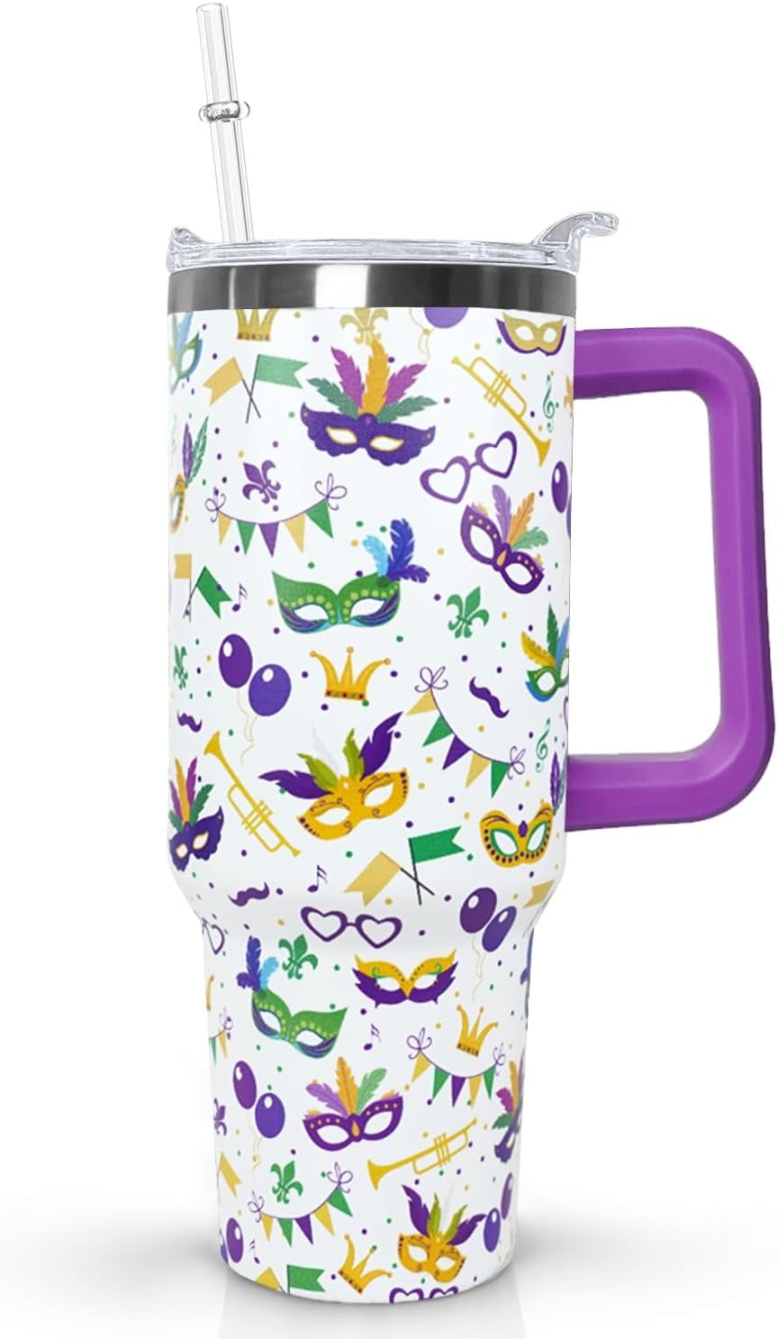 Ceovfoi 40 Oz Mardi Gras Tumbler with Lid and Straw,40 Oz Mardi Gras Coffee Mugs Water Bottles Wine Drinking GlassesTumbler w