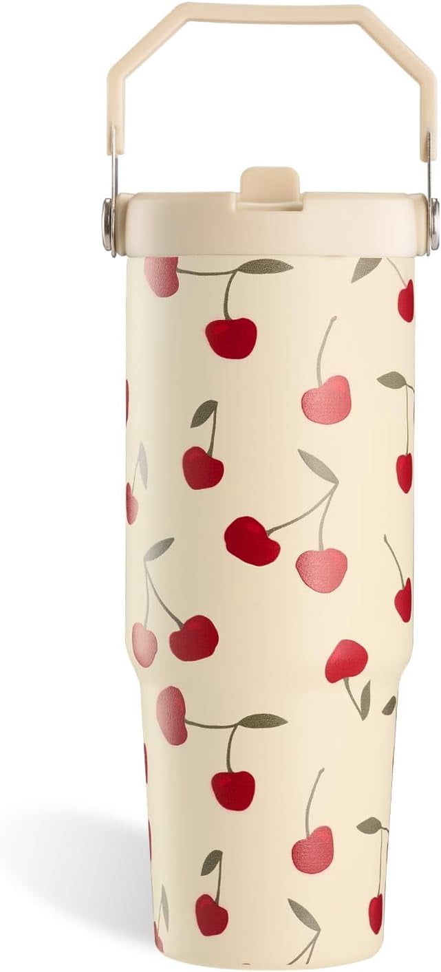 Cherry Tumbler, Cherry Gifts for Women 30 oz Tumbler with Handle and Flip Straw Stainless Steel Insulated Cup Travel Mug Wate
