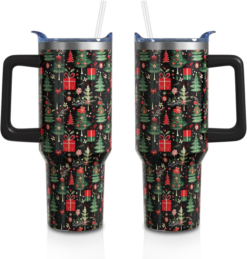 Christmas Gifts 40 Oz Tumbler with Handle and Straw, Green Xmas Tree Stainless Steel Insulated Cup Water Bottle, Retro Holida