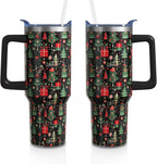 Christmas Gifts 40 Oz Tumbler with Handle and Straw, Green Xmas Tree Stainless Steel Insulated Cup Water Bottle, Retro Holida