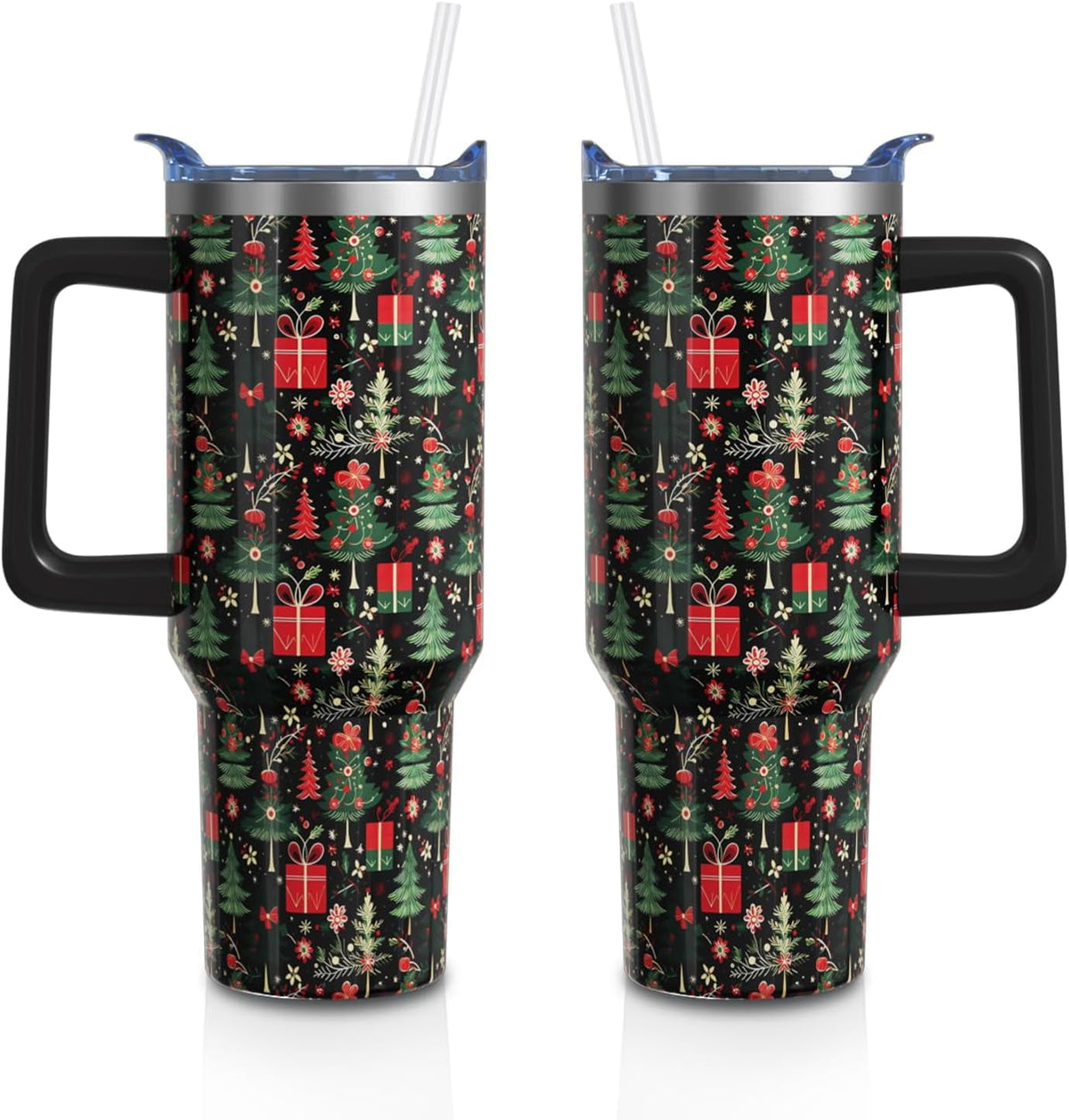 Christmas Gifts 40 Oz Tumbler with Handle and Straw, Green Xmas Tree Stainless Steel Insulated Cup Water Bottle, Retro Holida