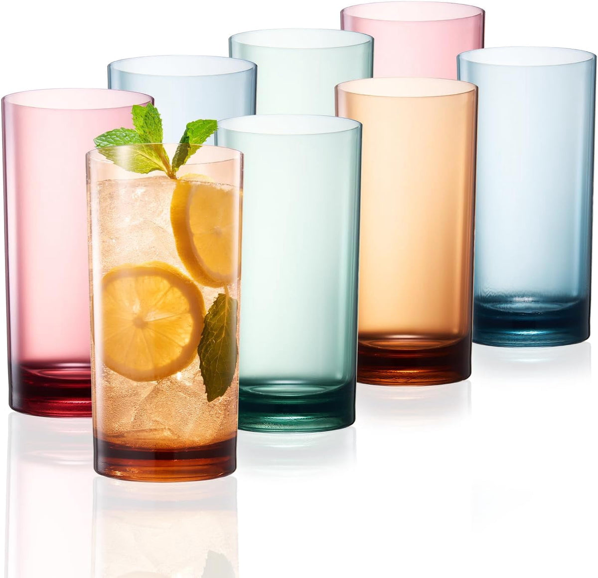 Colored Plastic Reusable Drinking Glasses | Set of 8 | Restaurant Style 16 oz Muted Acrylic Unbreakable Tall Tumbler, Juice, 