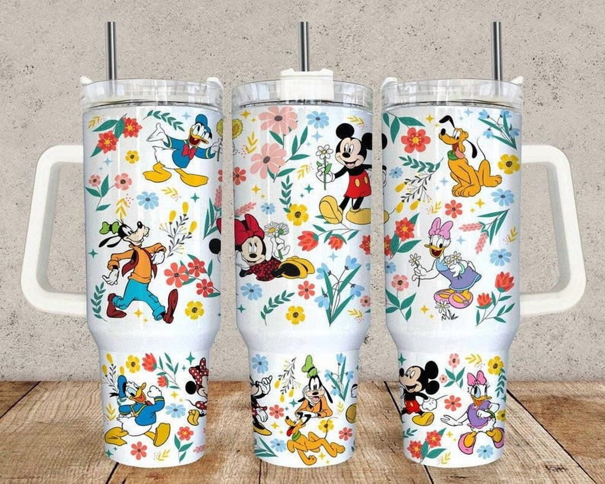 Disney Mickey & Friends 40oz Tumbler with Handle – Floral Mickey Minnie Donald Goofy Insulated Cup, Magic Kingdom Travel Mug 