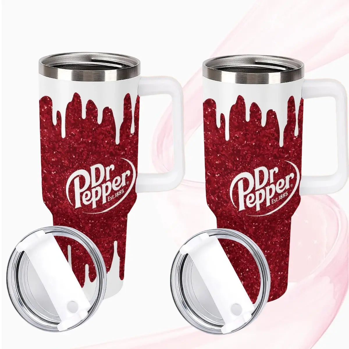 Dr Pepper Tumbler, 40oz With Handle Tumbler, Paint Drip Design, Christmas Gift, 40oz Stainless Steel Tumbler, Glitter Design,