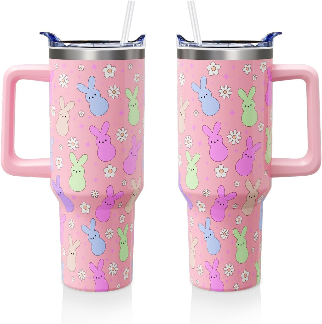 Easter Day Gifts 40oz Tumbler with Handle and Straw, Cute Bunnies Buddies Spring Stainless Steel Insulated Cup, Colorful Holi