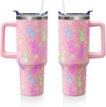 Easter Day Gifts 40oz Tumbler with Handle and Straw, Cute Bunnies Buddies Spring Stainless Steel Insulated Cup, Colorful Holi