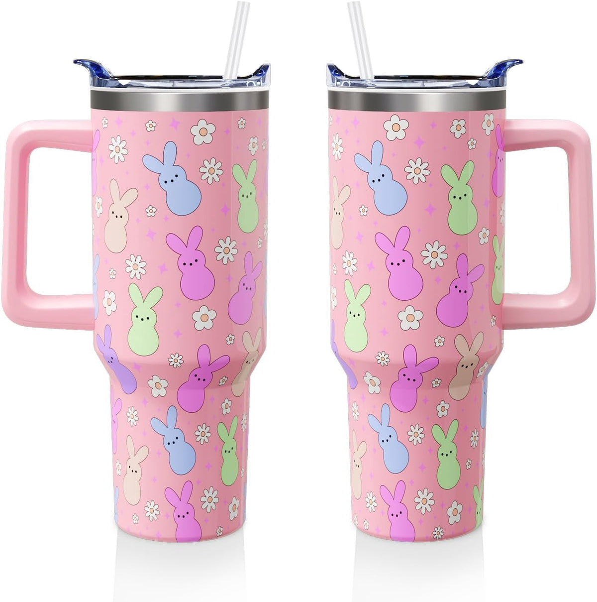 Easter Day Gifts 40oz Tumbler with Handle and Straw, Cute Bunnies Buddies Spring Stainless Steel Insulated Cup, Colorful Holi