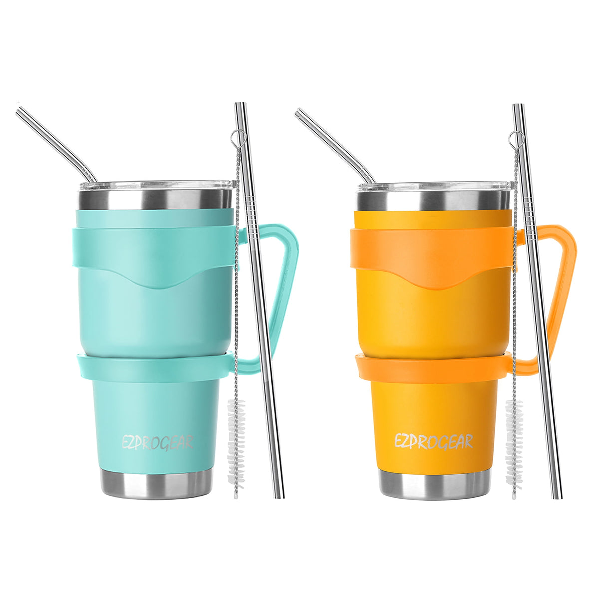 Ezprogear 30 oz 2 Pack Stainless Steel Tumbler Double Wall Travel Cup Vacuum Insulated Coffee Mug with Handle & Straws (Mango