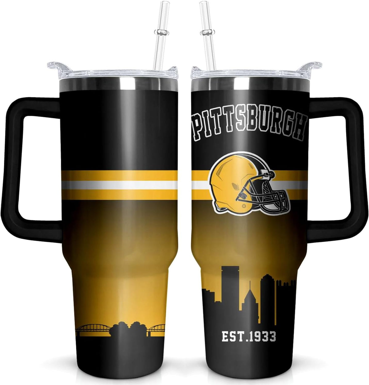 Football 40 OZ Pittsburgh Tumbler with Handle and Straw for Football Fans Gifts Football City Travel Mug Tumbler Cup for Men 