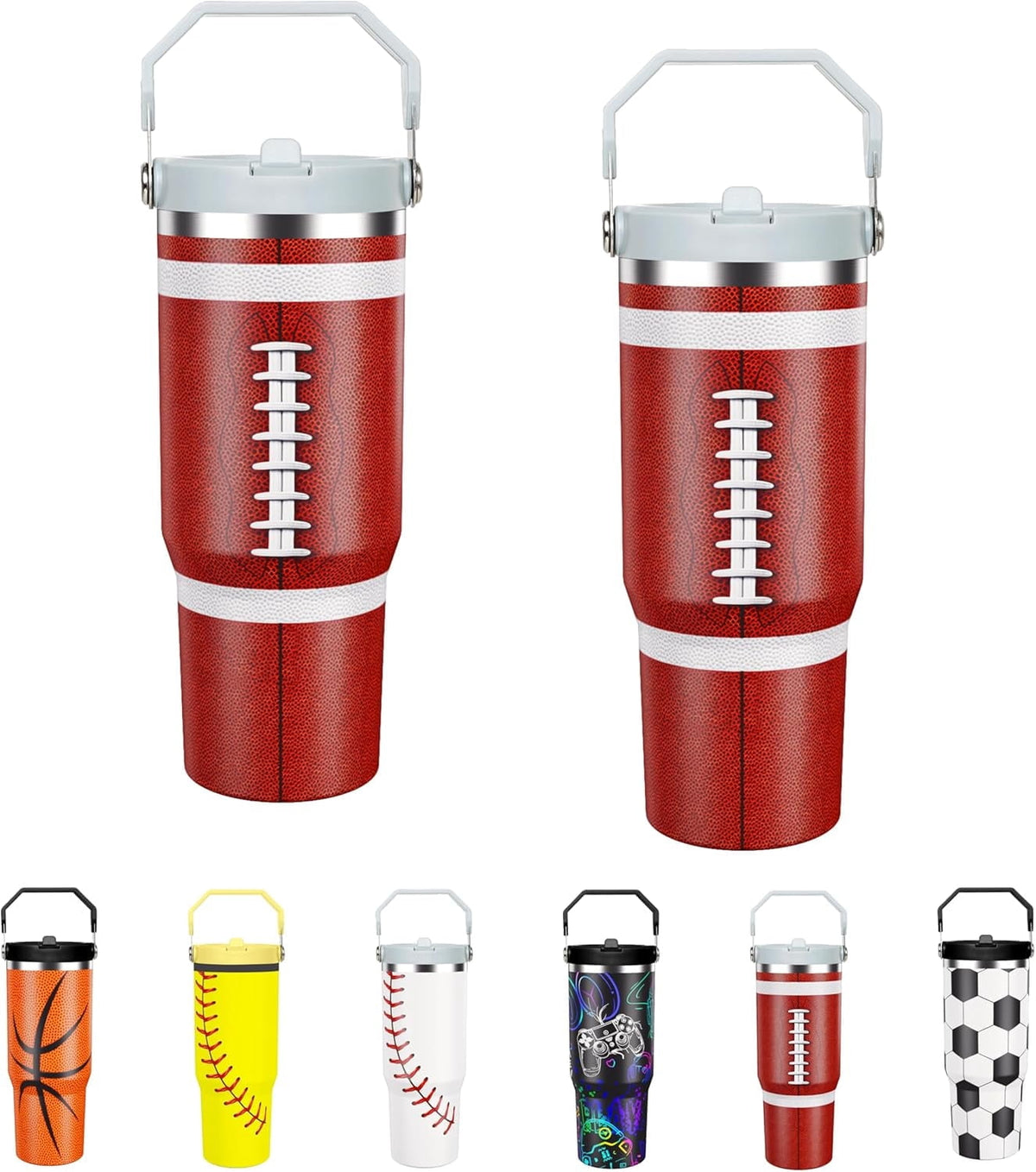 Football Lover Gift 30 oz Flip Straw Tumbler with Top Handle Football Pattern BPA-Free Leak Proof Stainless Steel Insulated V