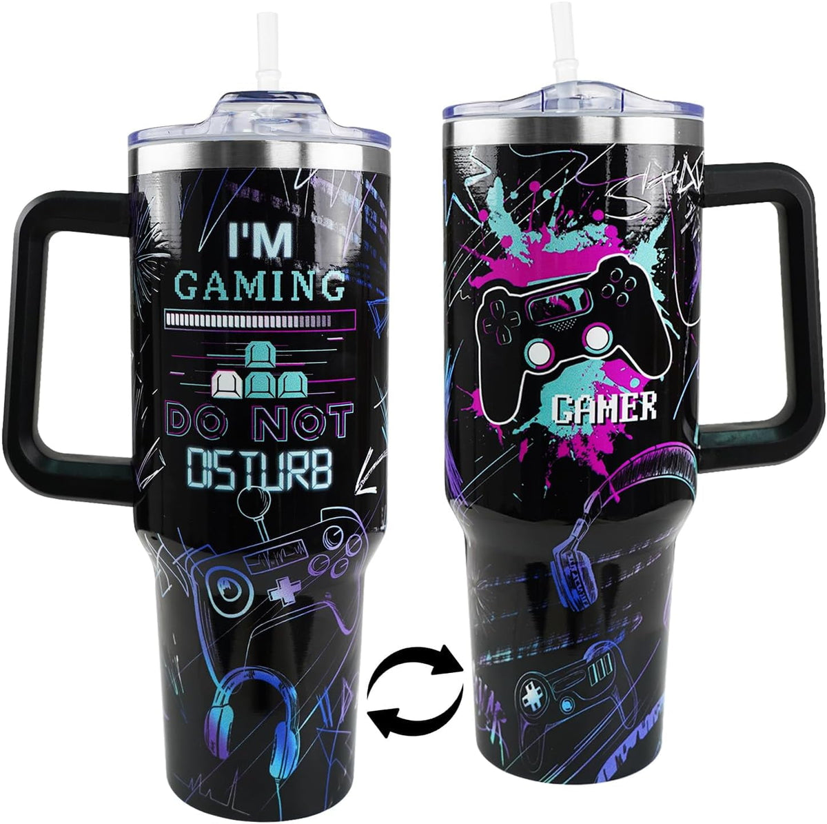Gamer Gifts, 40 Oz Gaming Tumbler with Handle and Straw Gamer Cup Coffee Mug Tumbler for Men, Cool Gaming Accessories Stuff, 