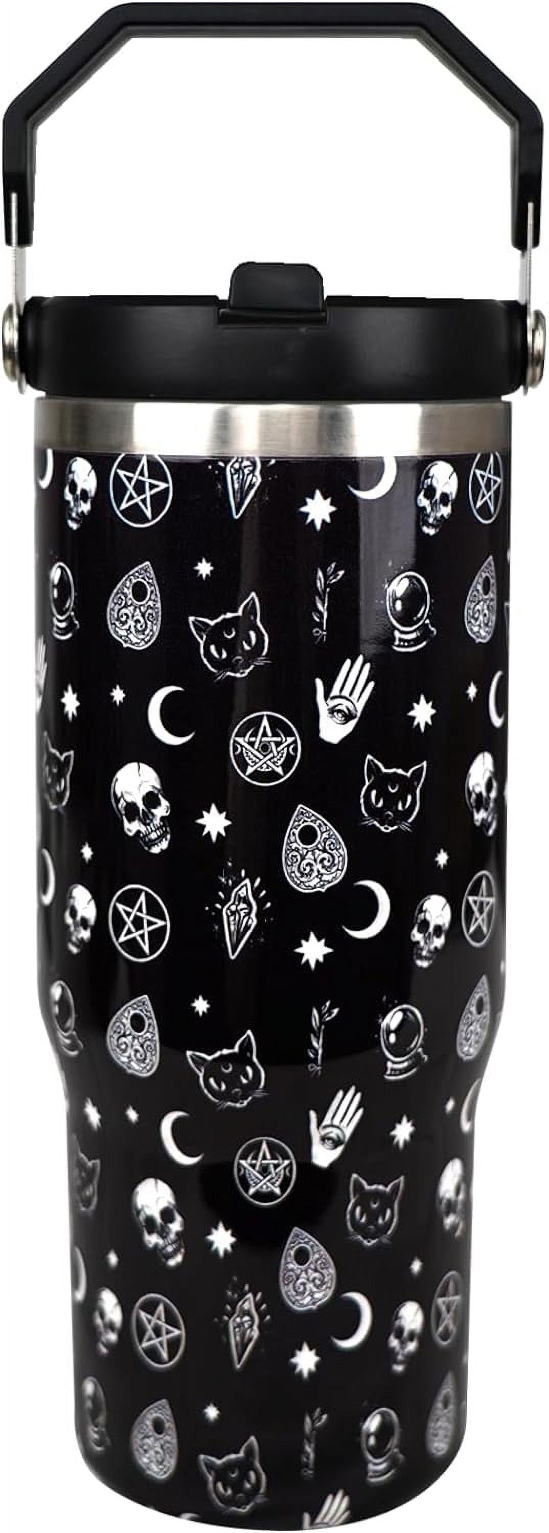 Gothic 30 oz Tumbler with Handle and Flip Straw，Stainless Steel Double Wall Insulated Travel Bottle with Top Handle Lid, Spil