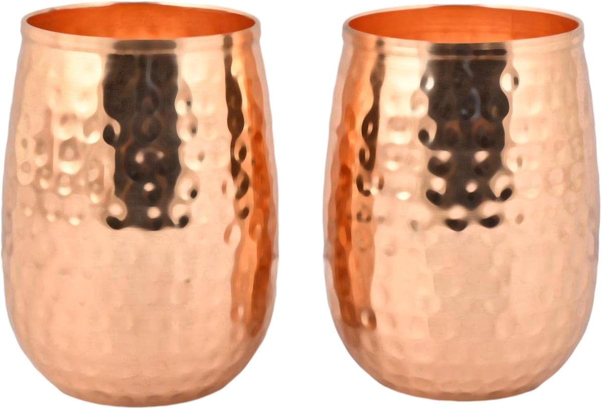 HealthGoodsIn - Pure Copper Tumblers Set of 2 - Hammered Barrel Design, 250ml for Ayurveda