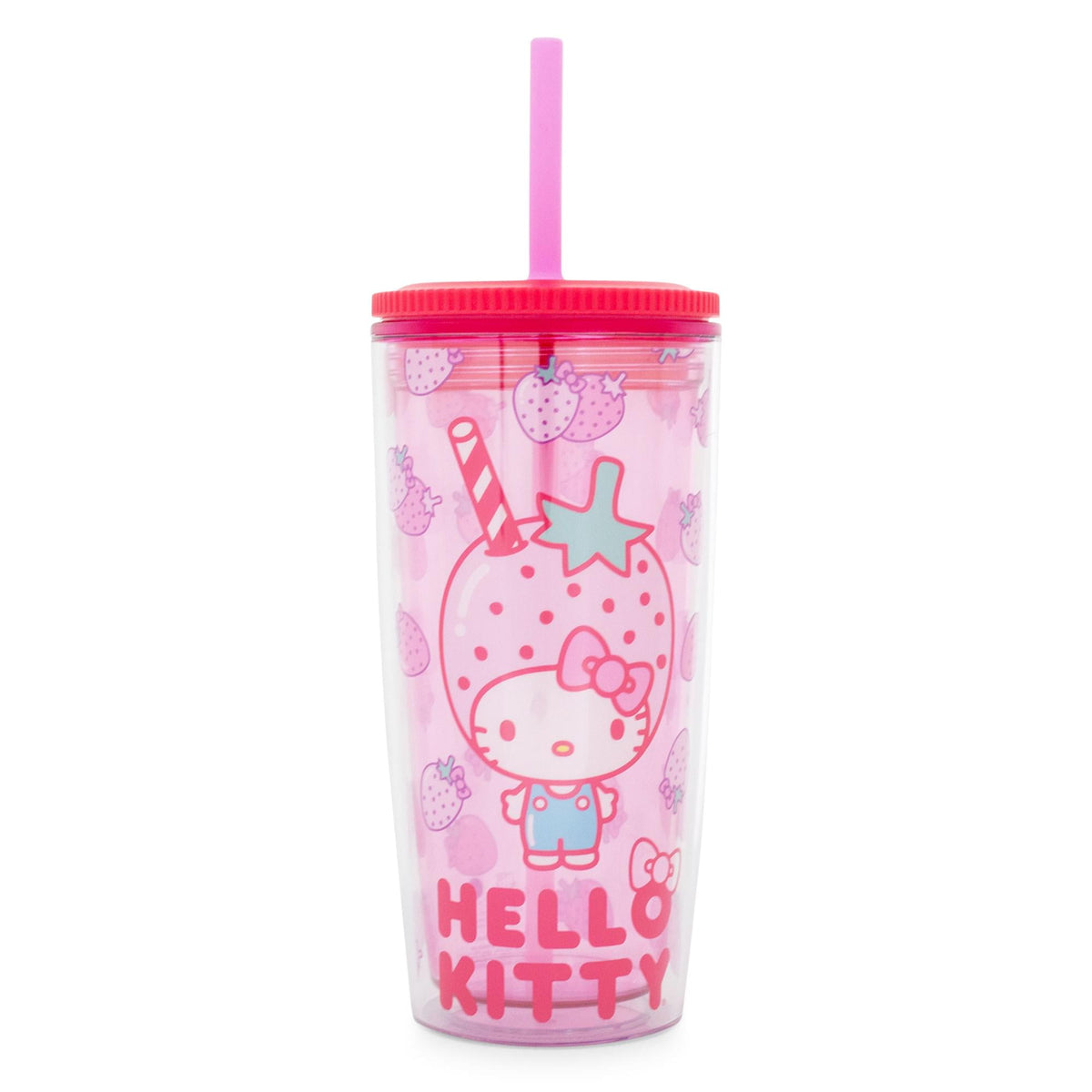 Sanrio Hello Kitty Strawberries Plastic Tumbler With Leak-Resistant Lid and Reusable Straw Double-Walled Travel Cup For Drink