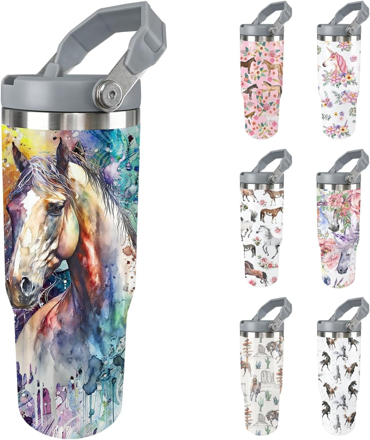 Horse Tumbler with Lid and Straw Stainless Steel Tumblers 30 Oz Insulated Horse Water Bottle Tie Dye Cup Mug with Handle Hors