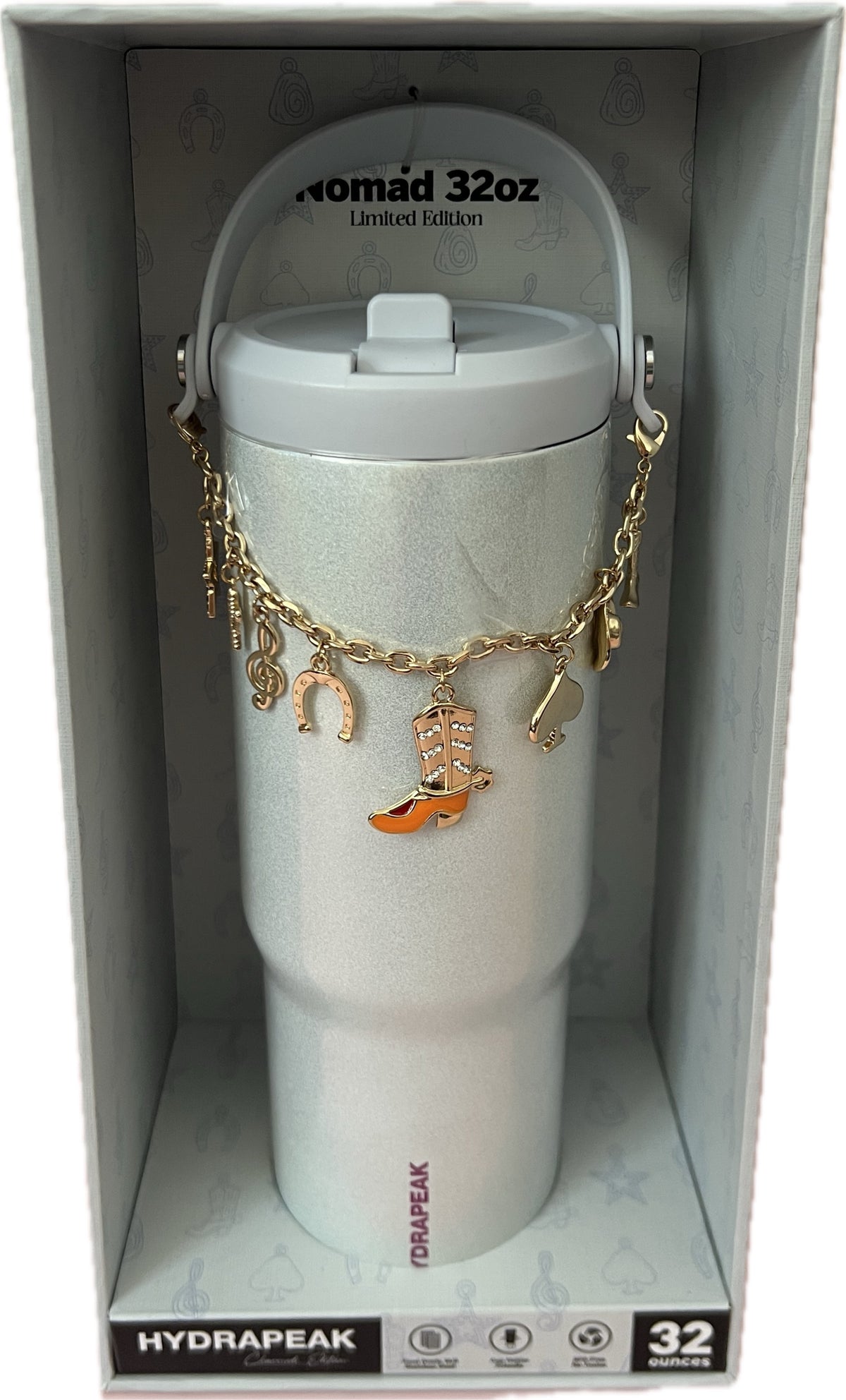 Ice White Hydrapeak 32 oz Nomad Insulated Tumbler with Handle & Straw Lid - Limited Edition Charmed Western Custom Charms, Pa