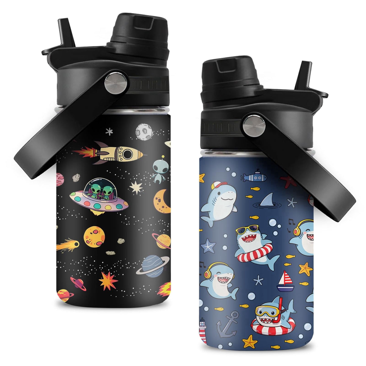 JOPJOLIW 12OZ Shark Water Bottle for Boys, Birthday Gift for Planet Lovers, Insulated Tumbler with Straw & Handle for Son, St