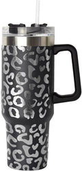 Lashicorn 40 Oz. Tumbler with Handle and Straw Black Leopard Silver 10 tall Cup lid included Insulated Stainless Steel Vacuum
