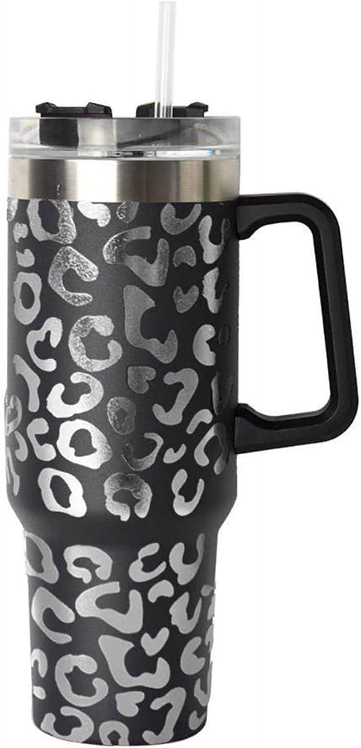 Lashicorn 40 Oz. Tumbler with Handle and Straw Black Leopard Silver 10 tall Cup lid included Insulated Stainless Steel Vacuum