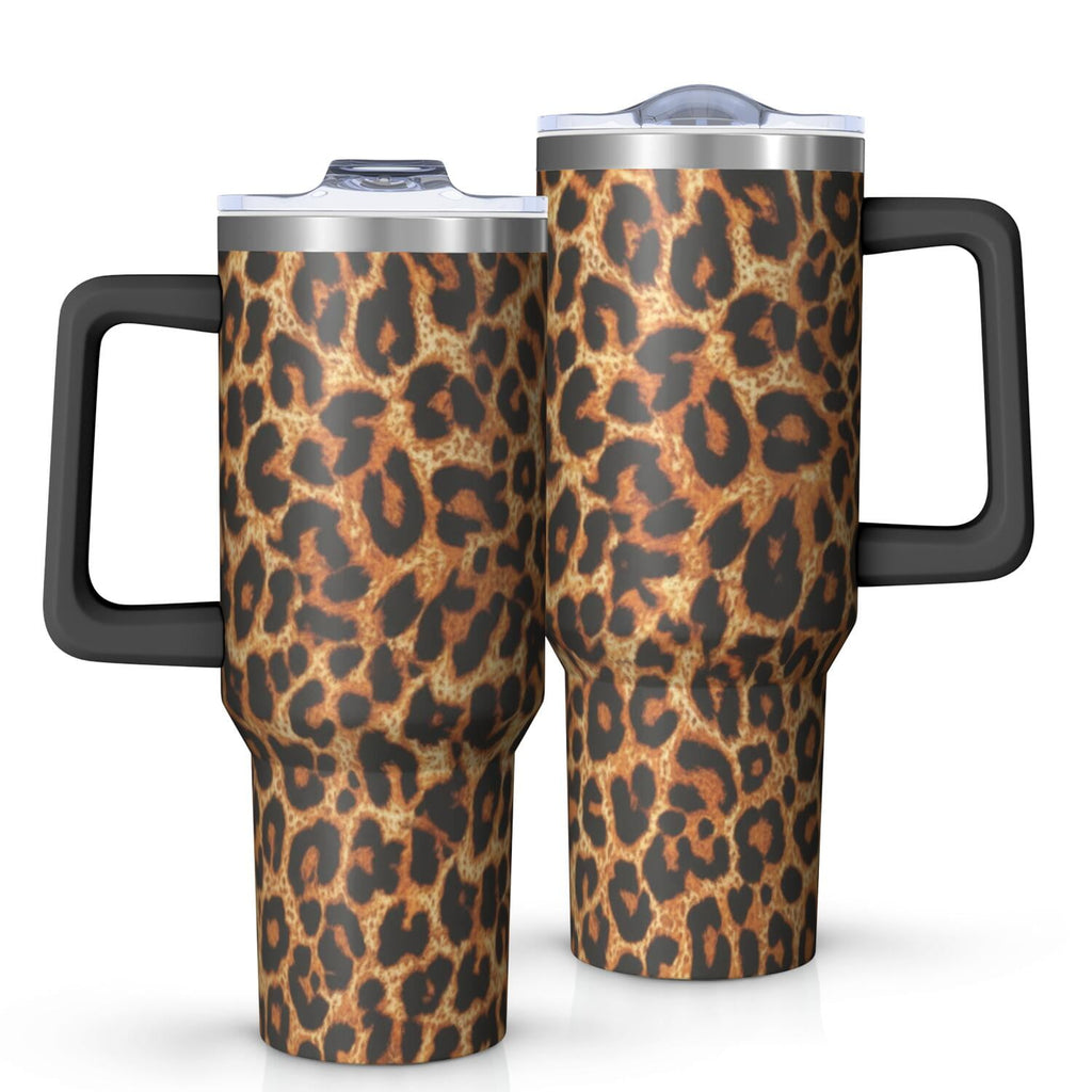 Leopard Print 40oz Tumbler with Handle and Straw, Large Capacity Travel Cup for Hot & Cold Drinks, Double Walled Vacuum Insul