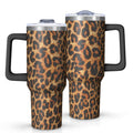 Leopard Print 40oz Tumbler with Handle and Straw, Large Capacity Travel Cup for Hot & Cold Drinks, Double Walled Vacuum Insul