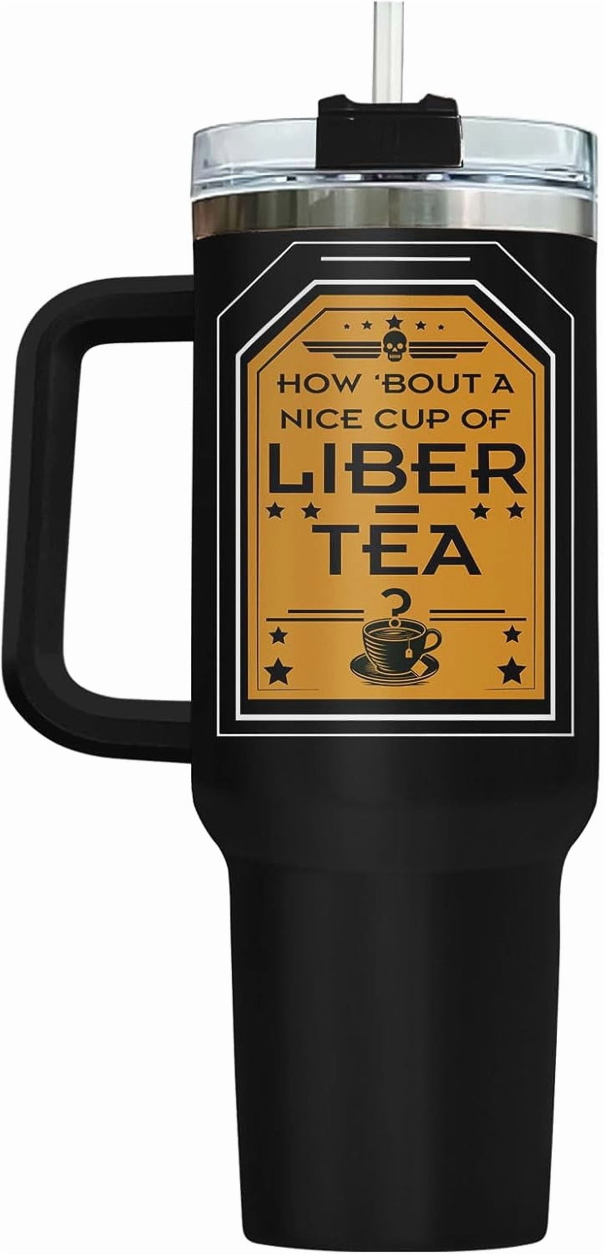 Liber Tea Tumbler 40oz with Handle and Straw, Patriotic Tea Vacuum Insulated Travel Gaming Cup, Gamer Gifts for Father''s Day