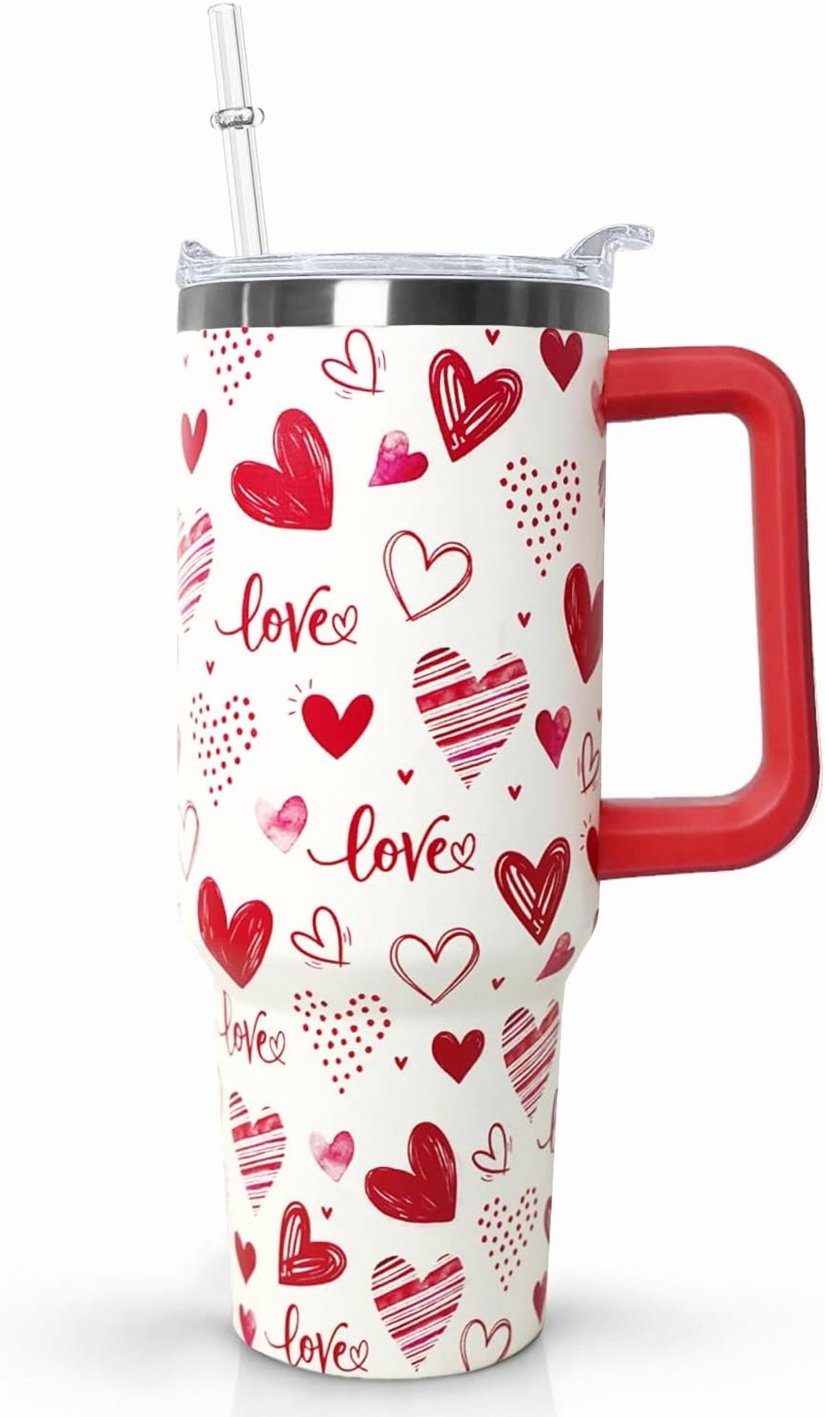 Love Tumbler 40 Oz Valentine Heart Tumbler With Handle,Valentine''s Day Coffee Travel Mug Cup Water Bottle,Heart Decor,Valent