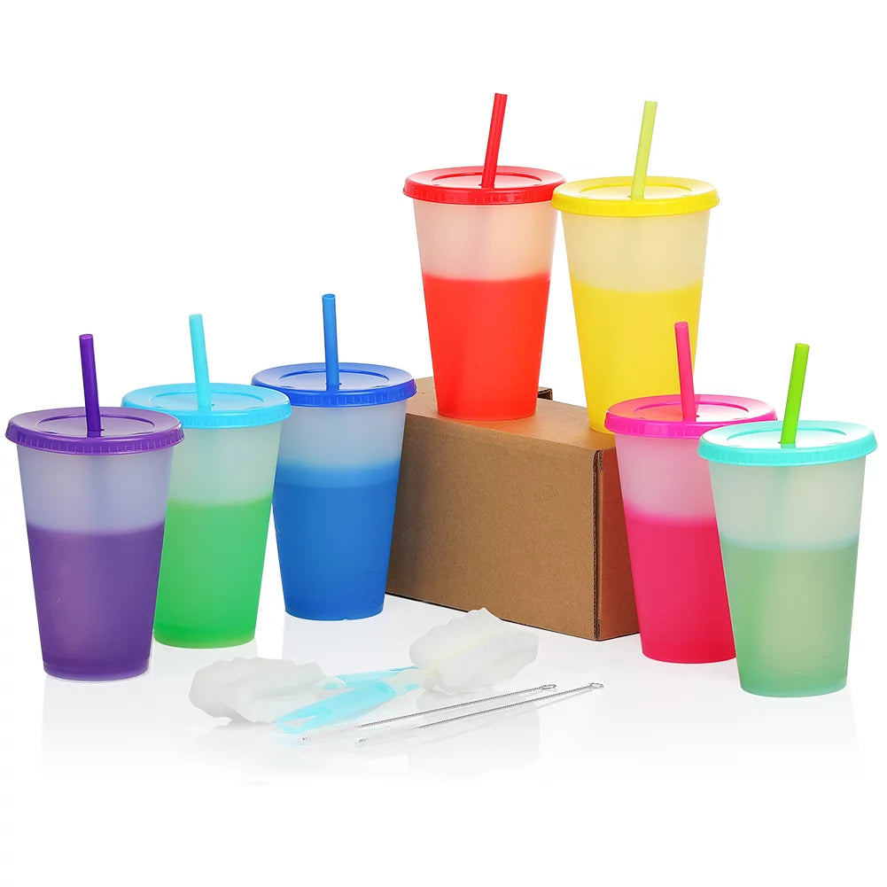 MODANU 7 Packs Reusable Plastic Tumbler Bulk, 16oz Color Changing Tumblers with Lids and Straws, Cold Drink Cups Plastic Tumb