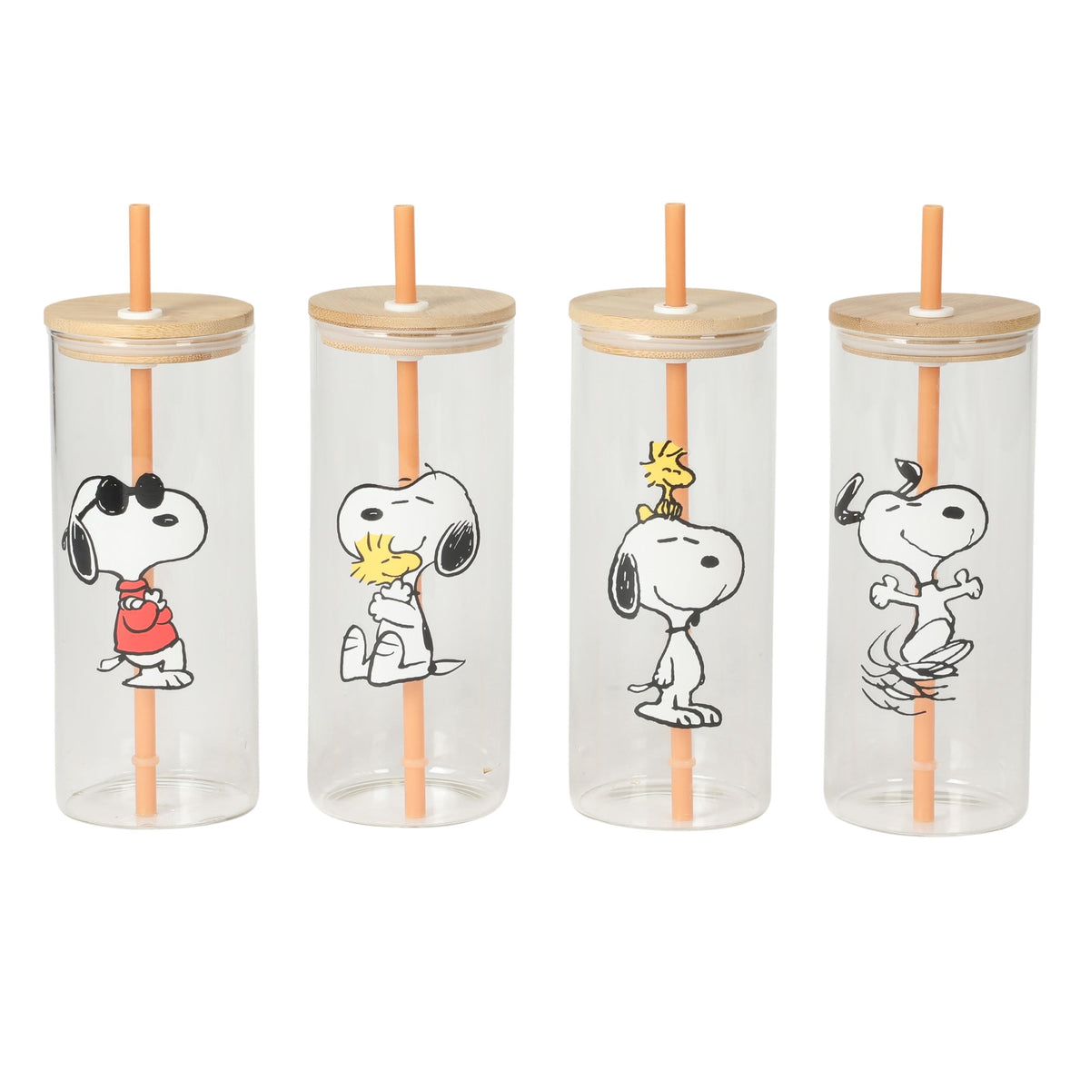 Peanuts Snoopy Happy Sips 4 Piece 23 OZ Tumbler Set with 4 Bamboo Lids and 4 Straws Set, Iced Coffe, Smoothie, Water Cup - Di