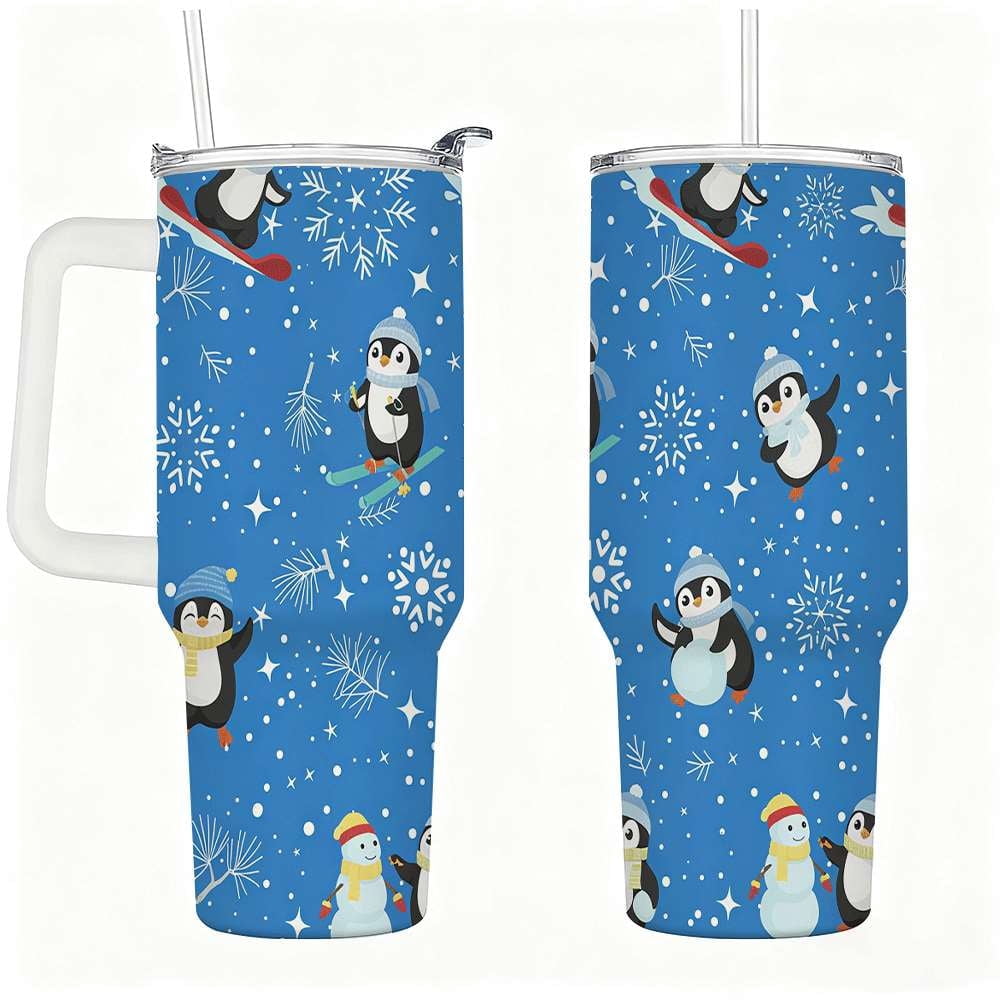 Penguin Winter Travel Tumbler with Lid and Straw, Stainless Steel Insulated Cup with Cute Snow & Ski Design