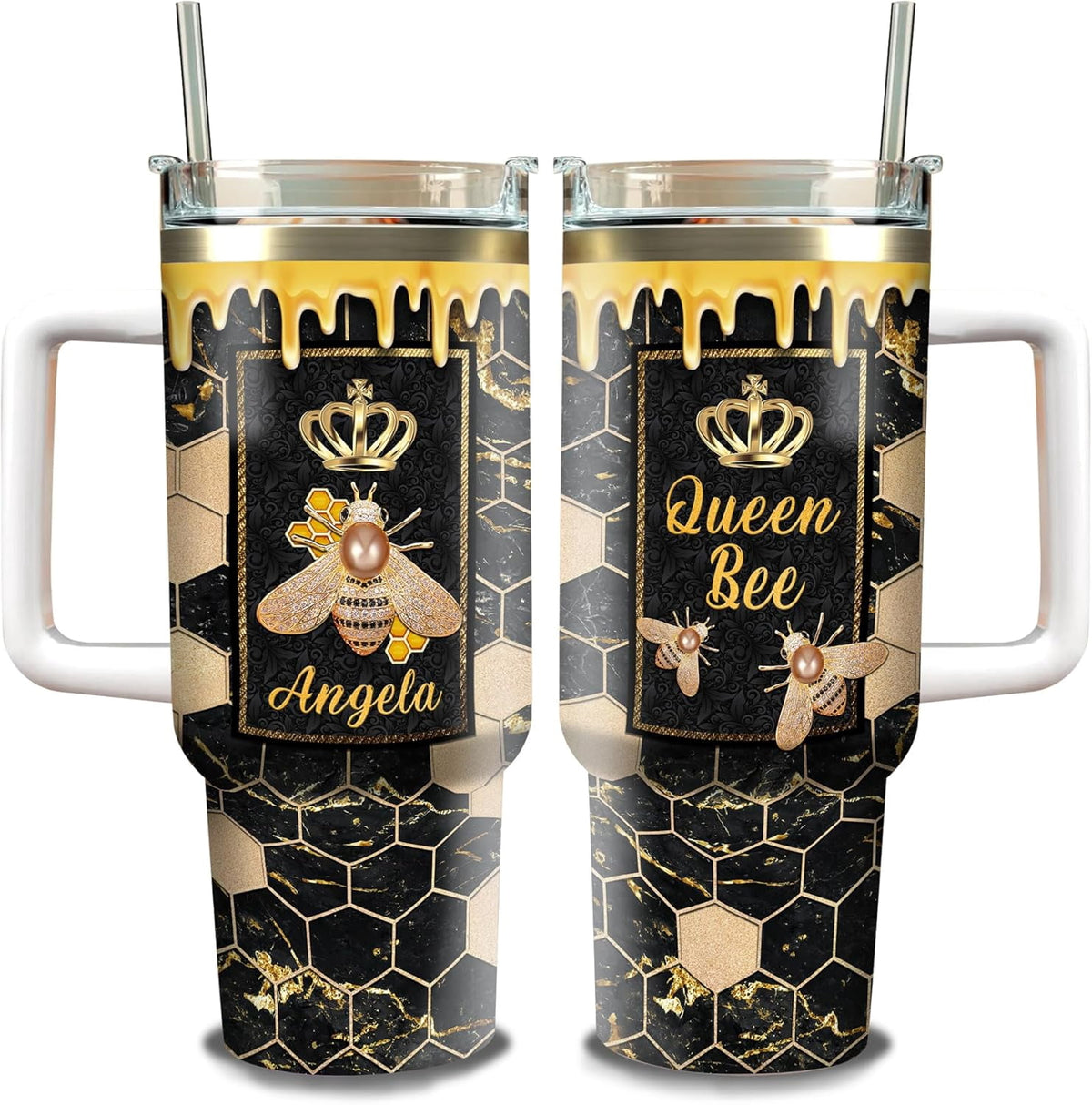 Personalized Queen Bee Tumbler with Handle and Straw 40oz Custom Name Double Wall Vacuum Stainless Steel Travel Coffee Mug No