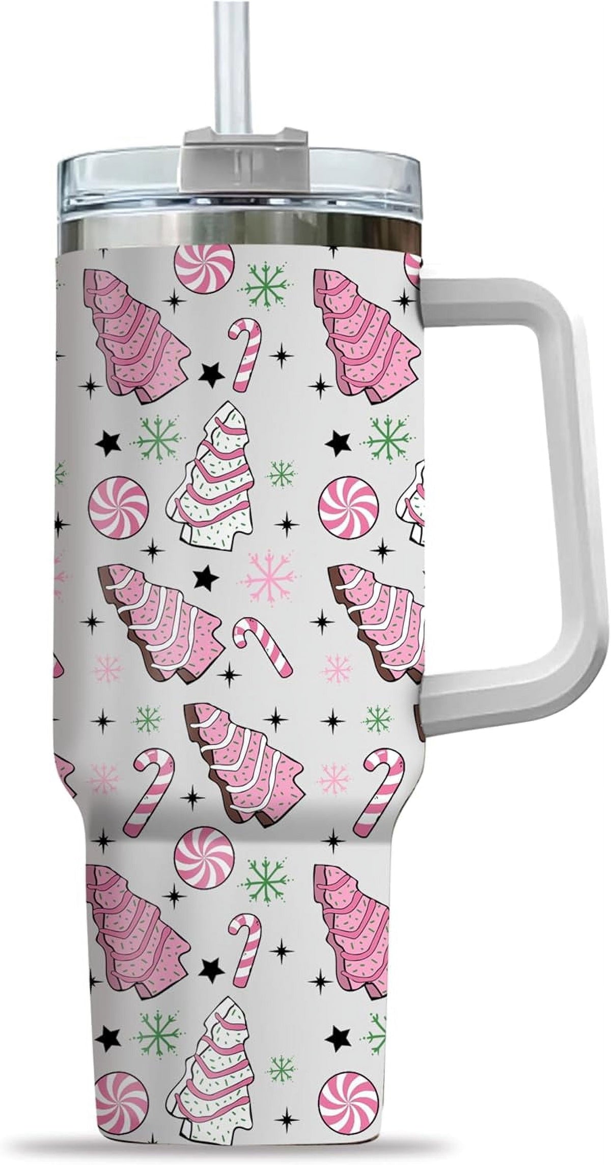Pink Christmas Tree Cakes Stainless Steel Tumbler 40Oz With Handle Insulated Tumbler Holiday Coffee Travel Mug for Tea, Latte