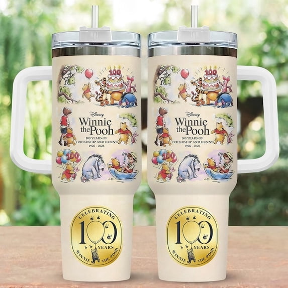 Pooh 100th Anniversary 40oz Tumbler with Handle, 100 Years of Friendship Centennial Travel Mug, Large Insulated Stainless Ste