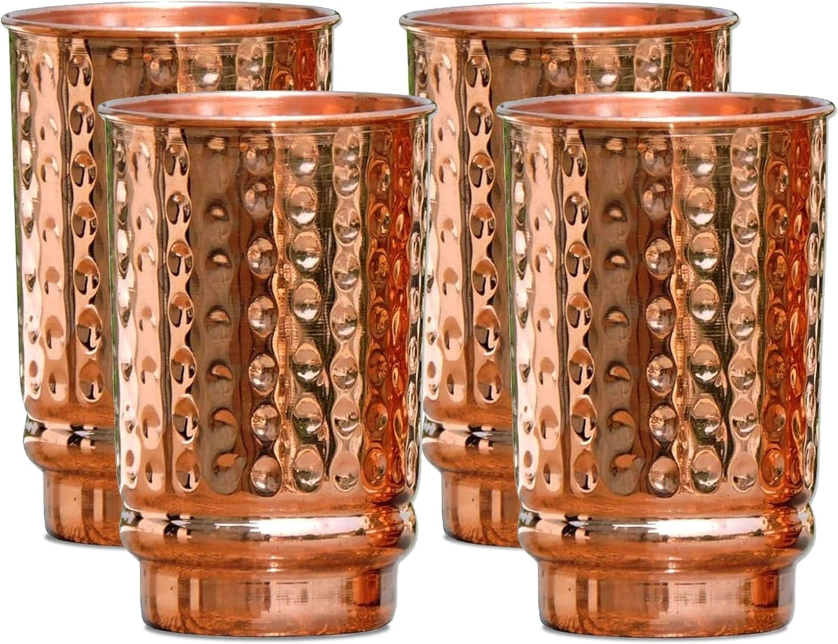 Pure Copper Hammered Tumblers Set of 4 | 350ml (11.8oz) | Handmade Ayurvedic Drinkware for Health & Wellness | Travel Copper 