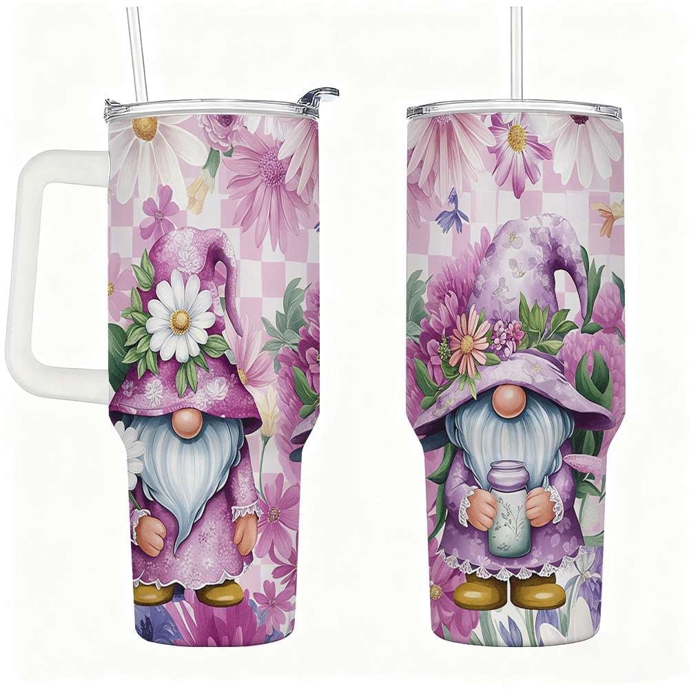 Purple Floral Gnome Stainless Steel Tumbler with Handle and Straw, Insulated Travel Mug for Women, Cute Spring Flower Cup Gif