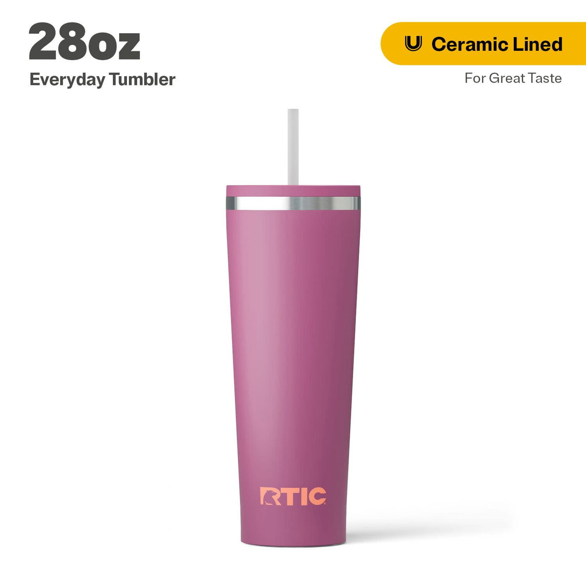 RTIC 28 oz Ceramic Lined Everyday Tumbler, Spill-Resistant Straw Lid, Plum