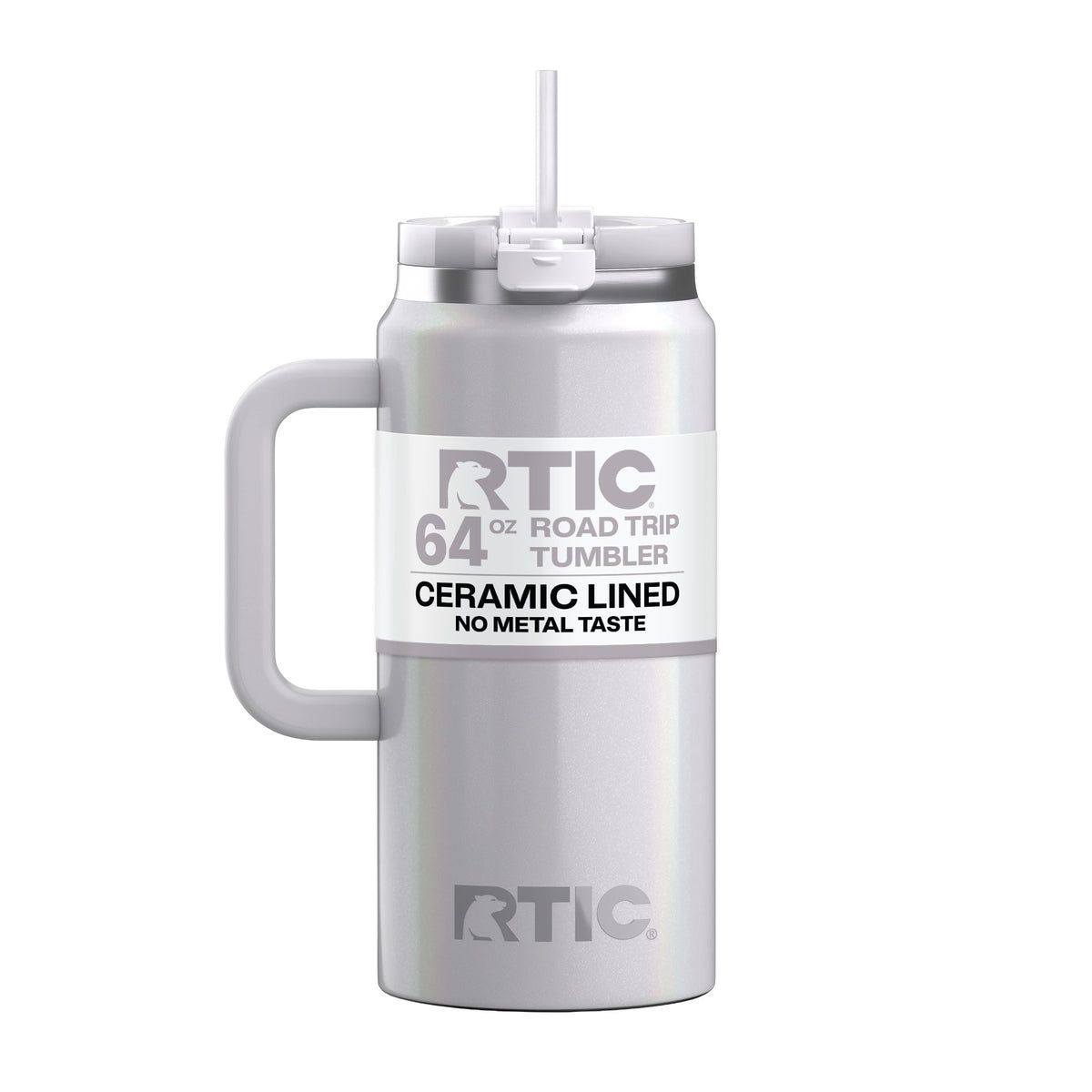 RTIC 64 oz Ceramic Lined Road Trip Tumbler with Handle and Leak-Resistant Straw Lid, White Glitter