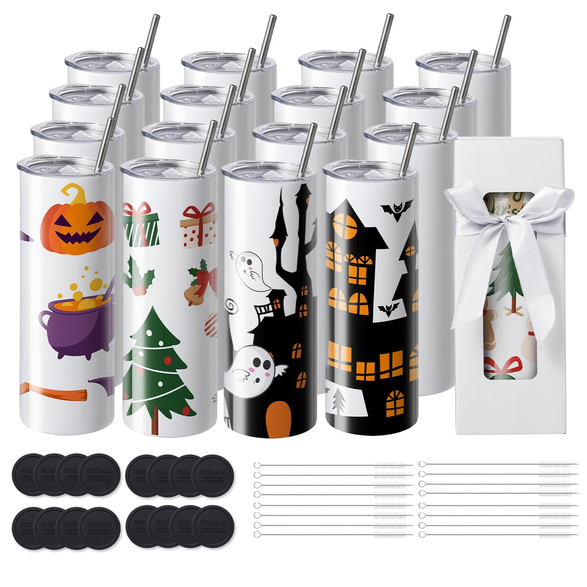KFFKFF 16-Piece 20oz Slim Sublimation Tumblers, Double-Walled Stainless Steel, Ideal for Custom Heat Transfer Designs, Includ