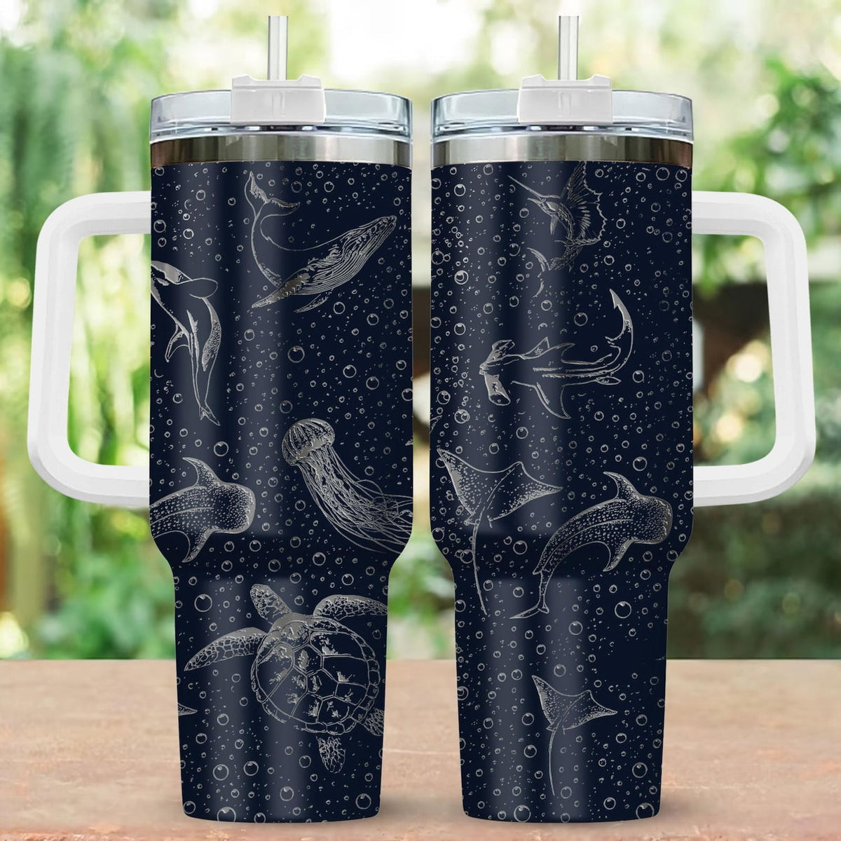 Sea Animal Ocean Engraved Tumbler, Ocean Lover 40oz Tumbler, Deep Sea Shark Stainless Steel Tumbler, Beach Drinkware Tumbler 
